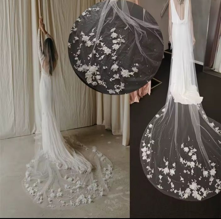 Nowy welon katedralny 300cm off-white kwiaty z perłami długi ślub wese