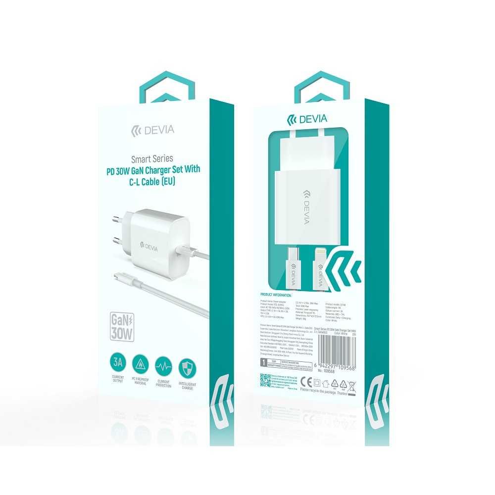 Ładowarka sieciowa PD 30W 3A GaN + kabel USB-C - lightning Devia