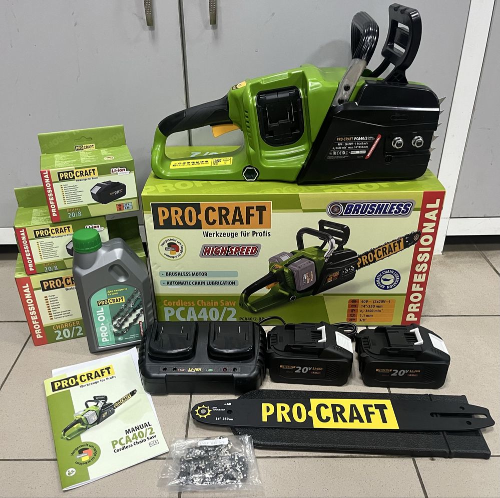 8 А/г Акумуляторна пила PROCRAFT PCA40/2/ 2Акб 8А/г/ ланцюг/шина35см