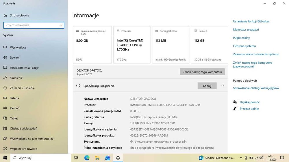 Acer E5-573-35TY, i3-4005U, 8GB RAM