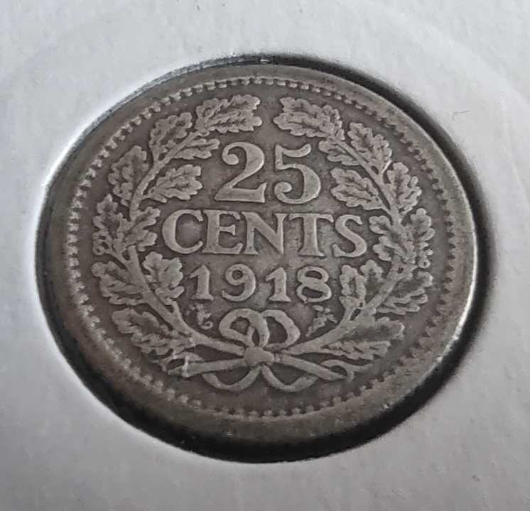 Moneta srebrna Holandia 25 centów cents 1918 rok ładna srebro ag