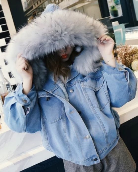 Katana jeansowa ocieplana z kapturem I futerkiem