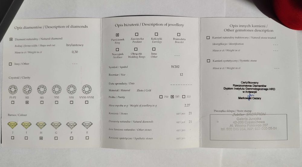 Złoty pierścionek z diamentami pr. 585 0,3 ct