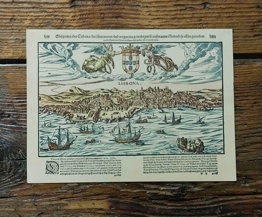 Xilogravura colorida VINTAGE de Lisboa de Sebastian Münster "LISBONA"
