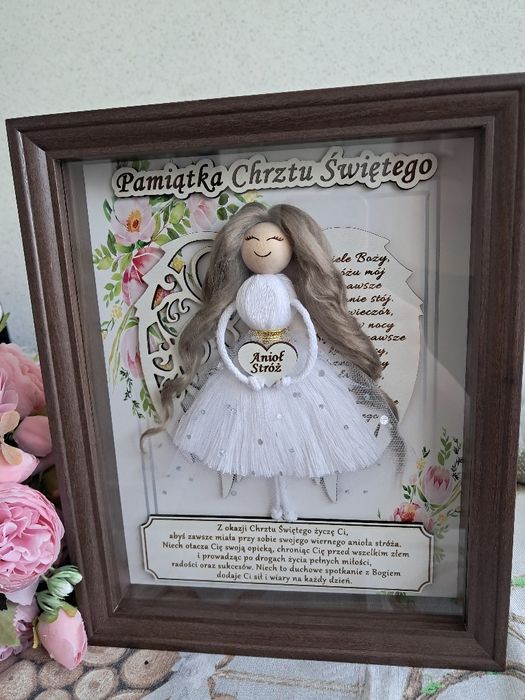 Pamiątka Chrztu Świętego Anioł stróż makrama