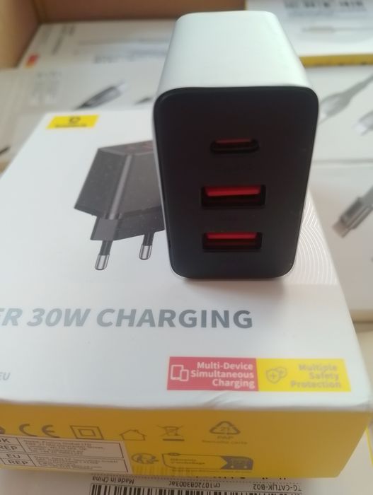 Зарядний блок Baseus 30w(юсб+юсб+тайпс)