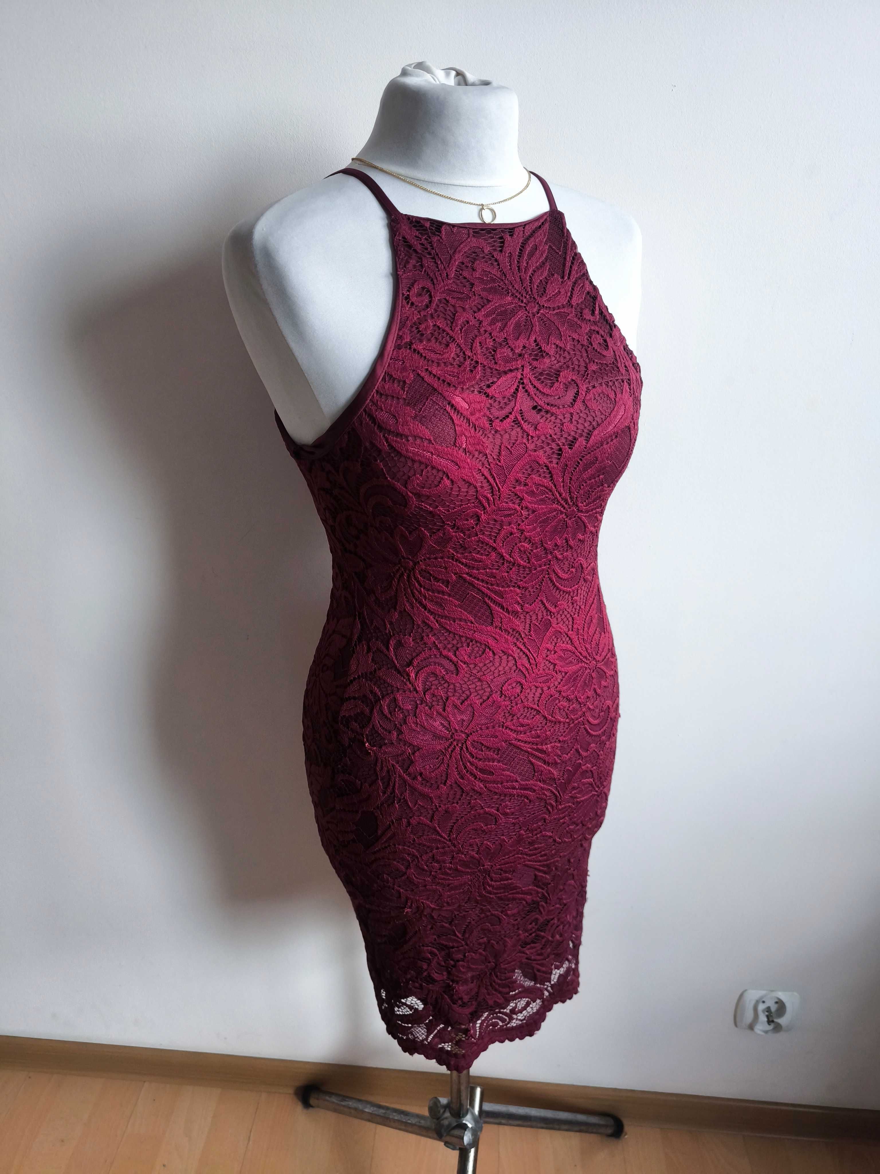 Bordowa elegancka koronkowa sukienka marki New Look w rozmiarze S/36