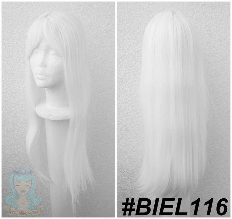 Biała peruka z grzywką przedziałkiem prosta długa wig biały cosplay