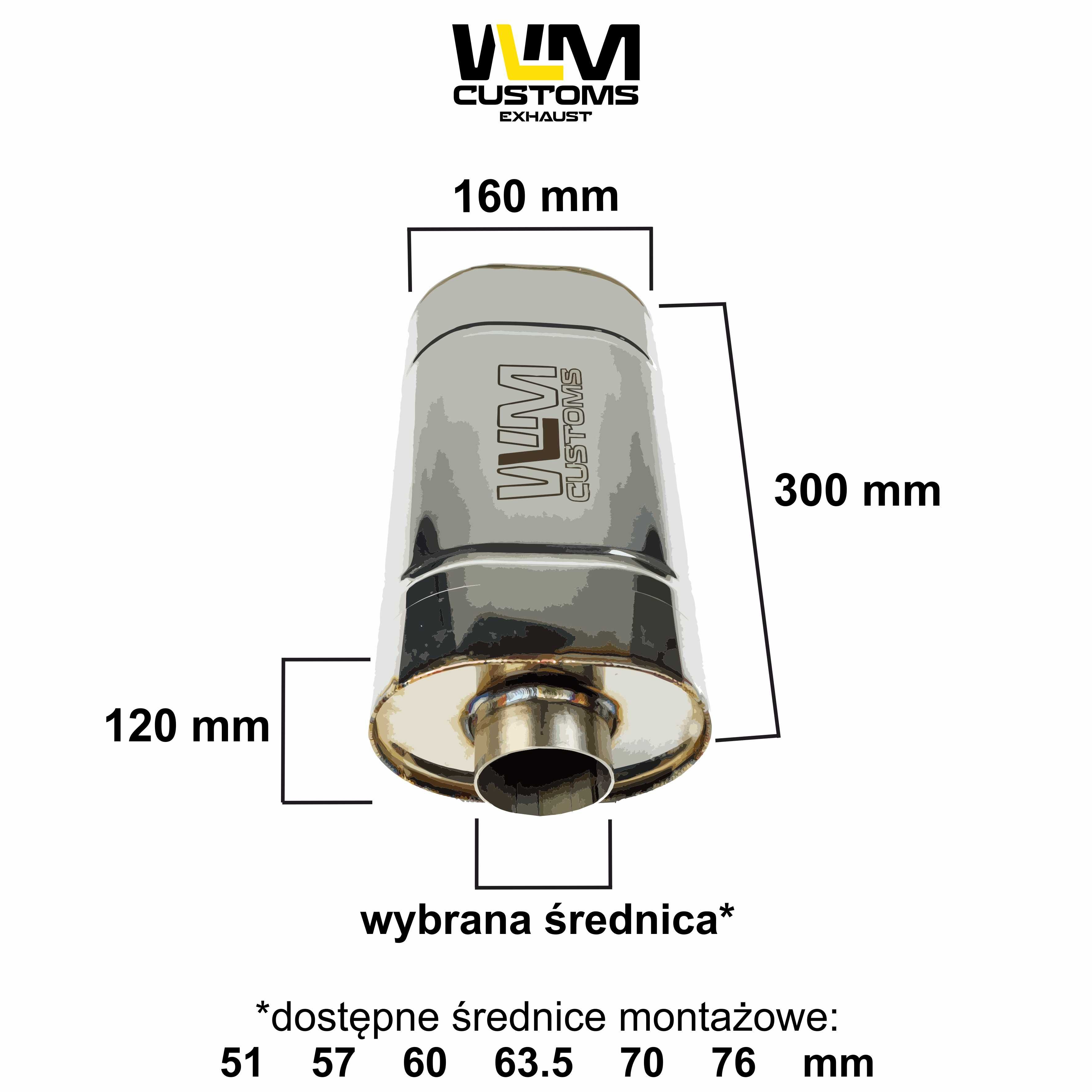 Tłumik Sportowy Przelotowy WLM 120/160 Owalny dł 300mm stal nierdzewna