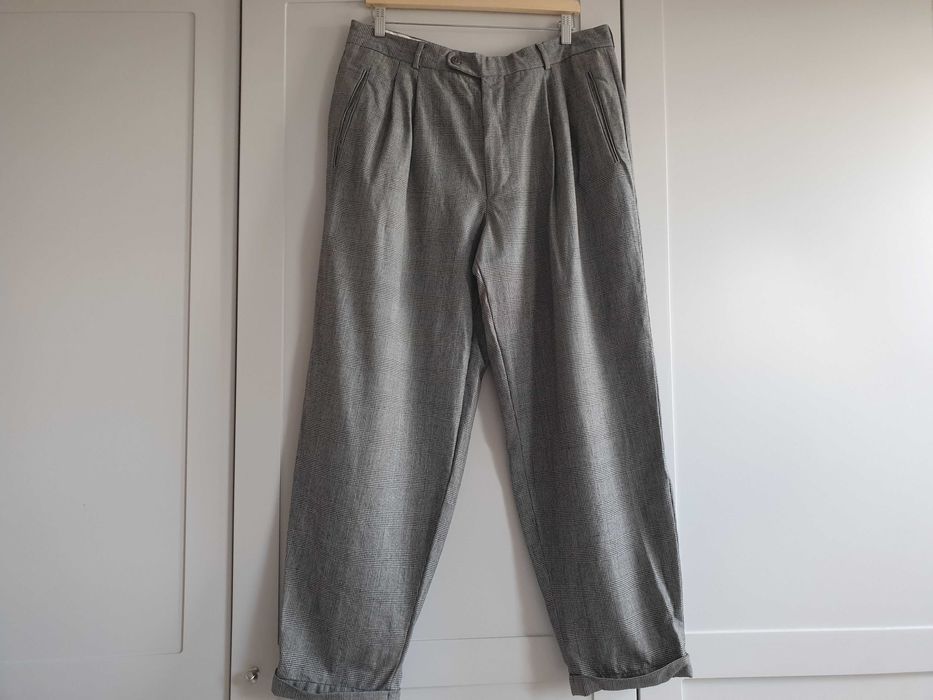 Wełniane spodnie męskie w kratę Vintage szare 100% wełna L XL
