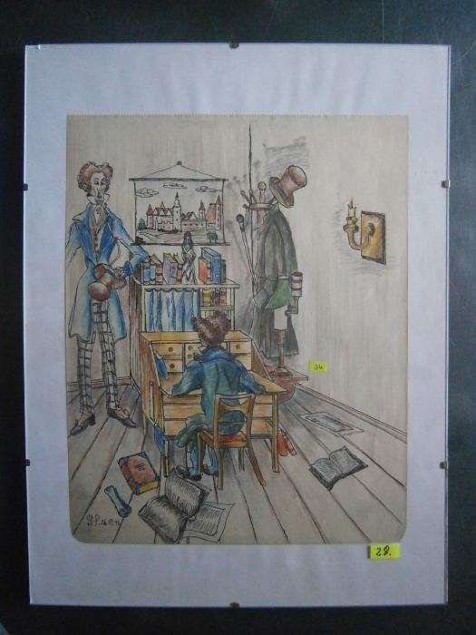 Karykatura , grafika , 30x40 cm. , Scena w biurze sygn. 40 (28)