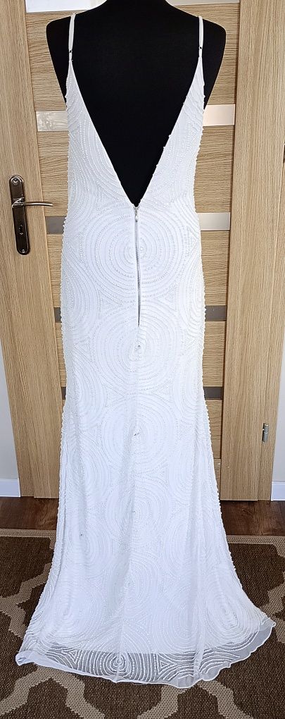 Virgos Lounge Biała suknia ślubna 44 46 na ramiączkach z koralikami