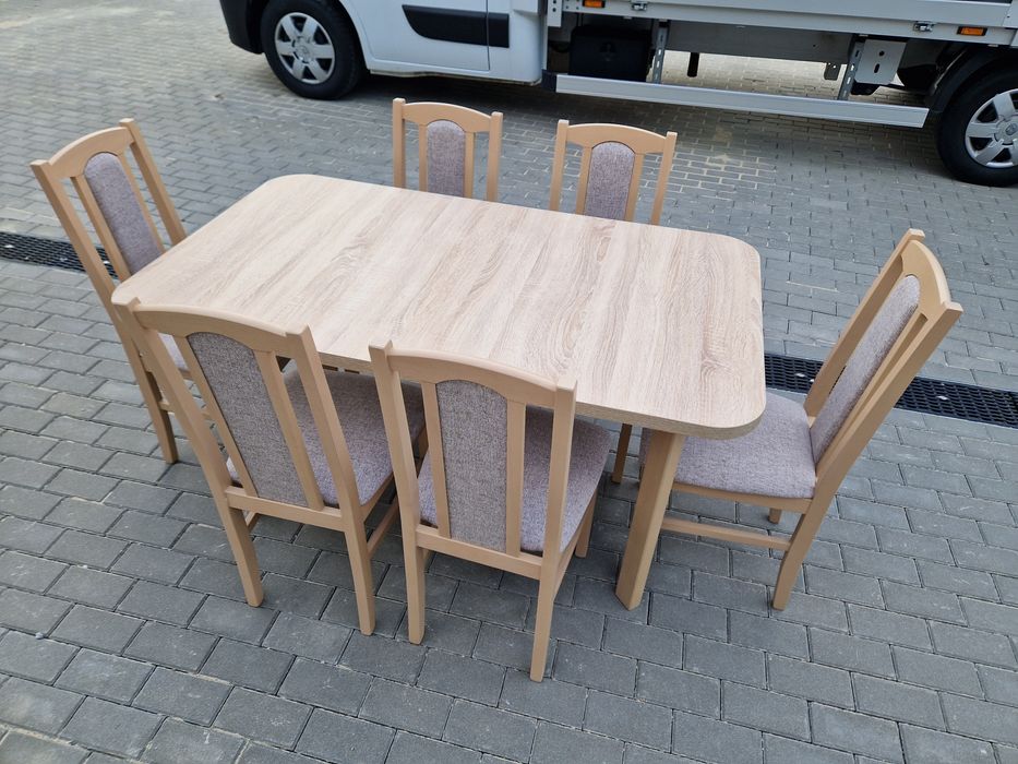 Nowe: Stół 80x140/180 + 6 krzeseł, sonoma + kawa z mlekiem ,transPL