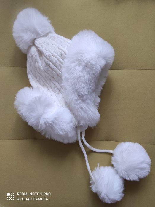 Шапка, ушанка, мех, вязаная, бубон, зима, детская, подростковая, белая