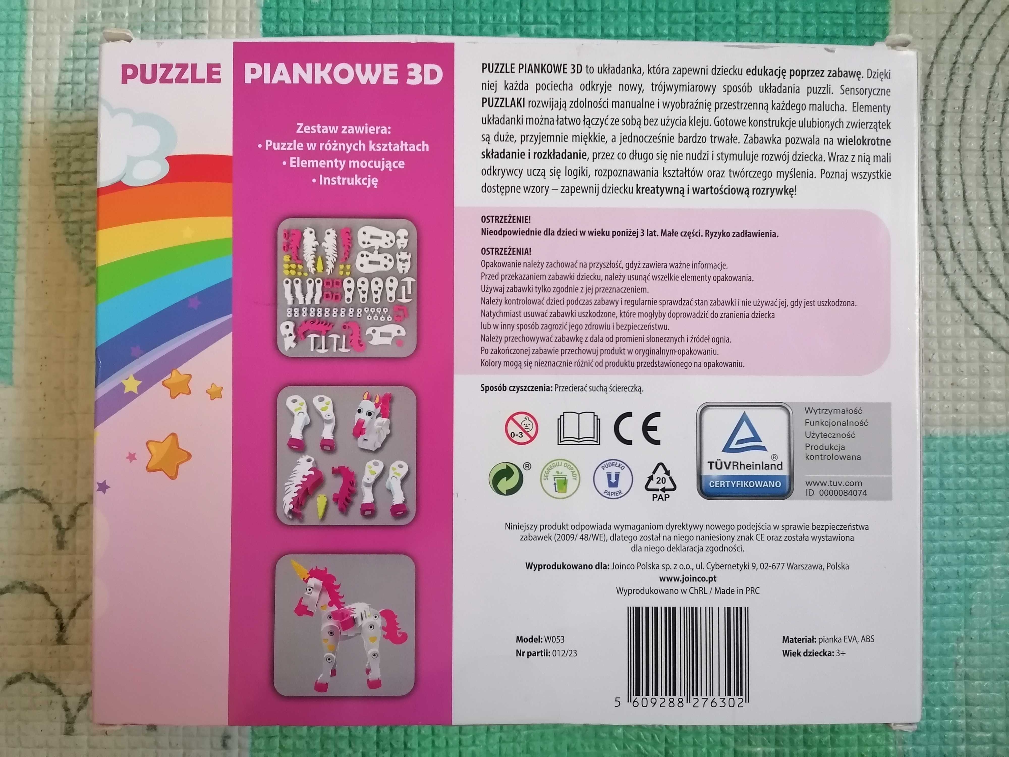 Puzzle piankowe 3D, puzzlaki jednorożec, unicorn, klocki