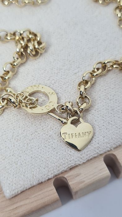 Złoty łańcuszek naszyjnik splot rolo zapiecie toggle Tifany z sercem