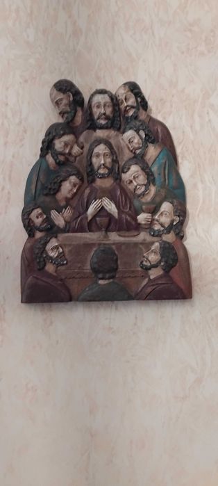 Quadro de Jesus e os apóstolos em madeira feito à mão