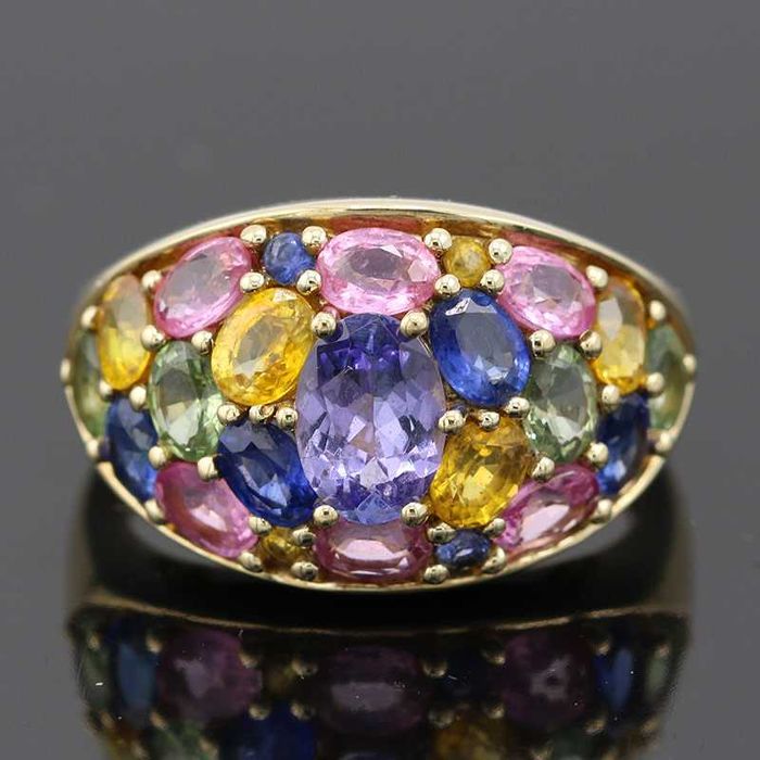 Złoty pierścionek z tanzanitem i kolorowymi szafirami kolorowy 9K