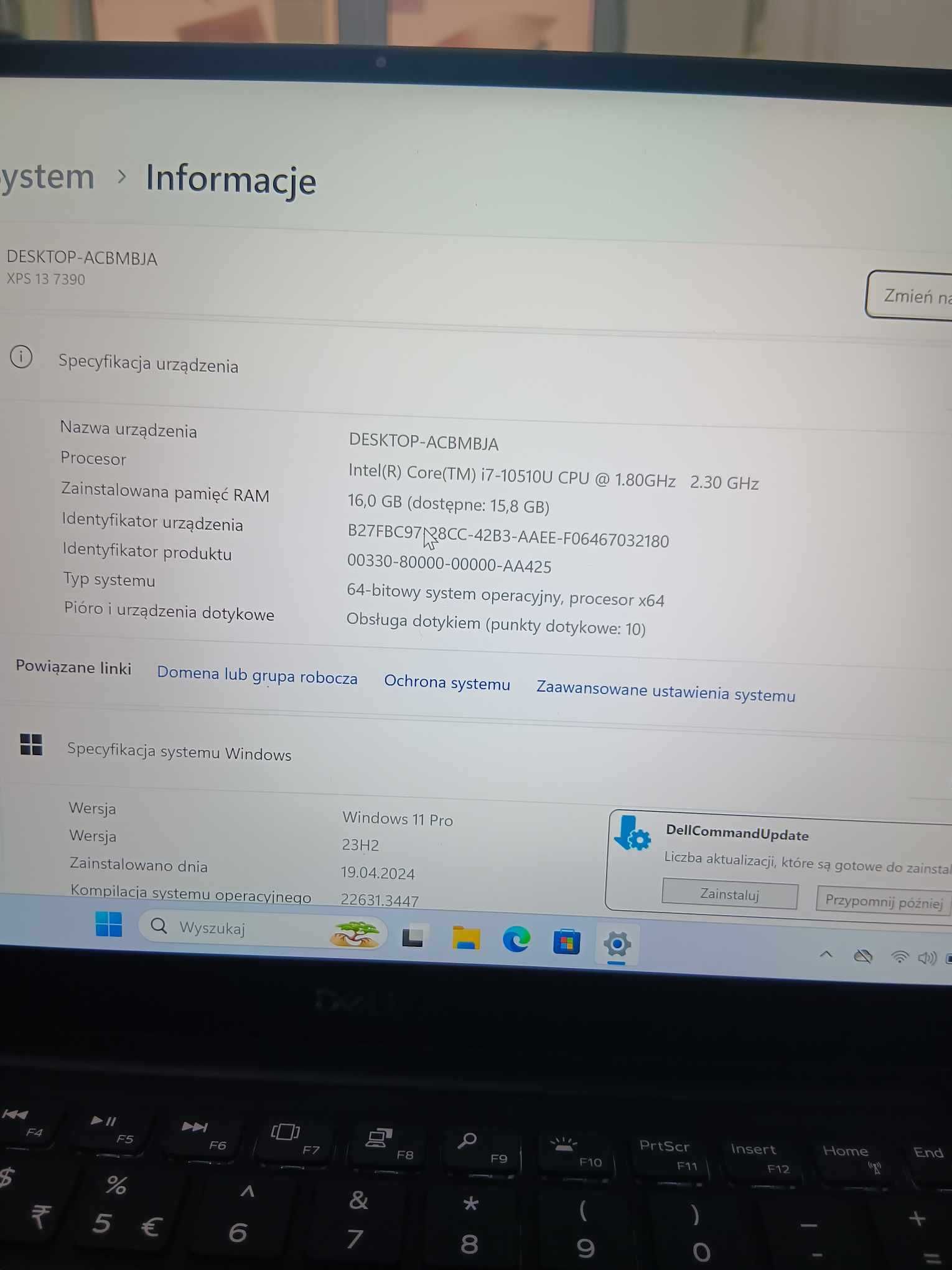 Klasa Biznes Dell XPS 7390 I7 10510U/16gb/512SSD/13 4K DOTYK/Win11