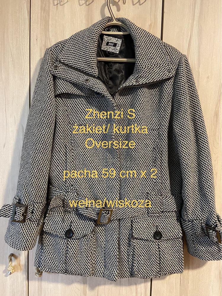 Zhenzi r duże S żakiet kurtka pepitka wełna damski oversize Vintage