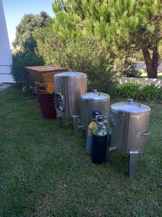 Esmagador, tina e depósitos para produção de vinho