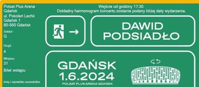 Bilety na koncert Dawida Podsiadło Gdańsk 01.06./ godz. 17:30