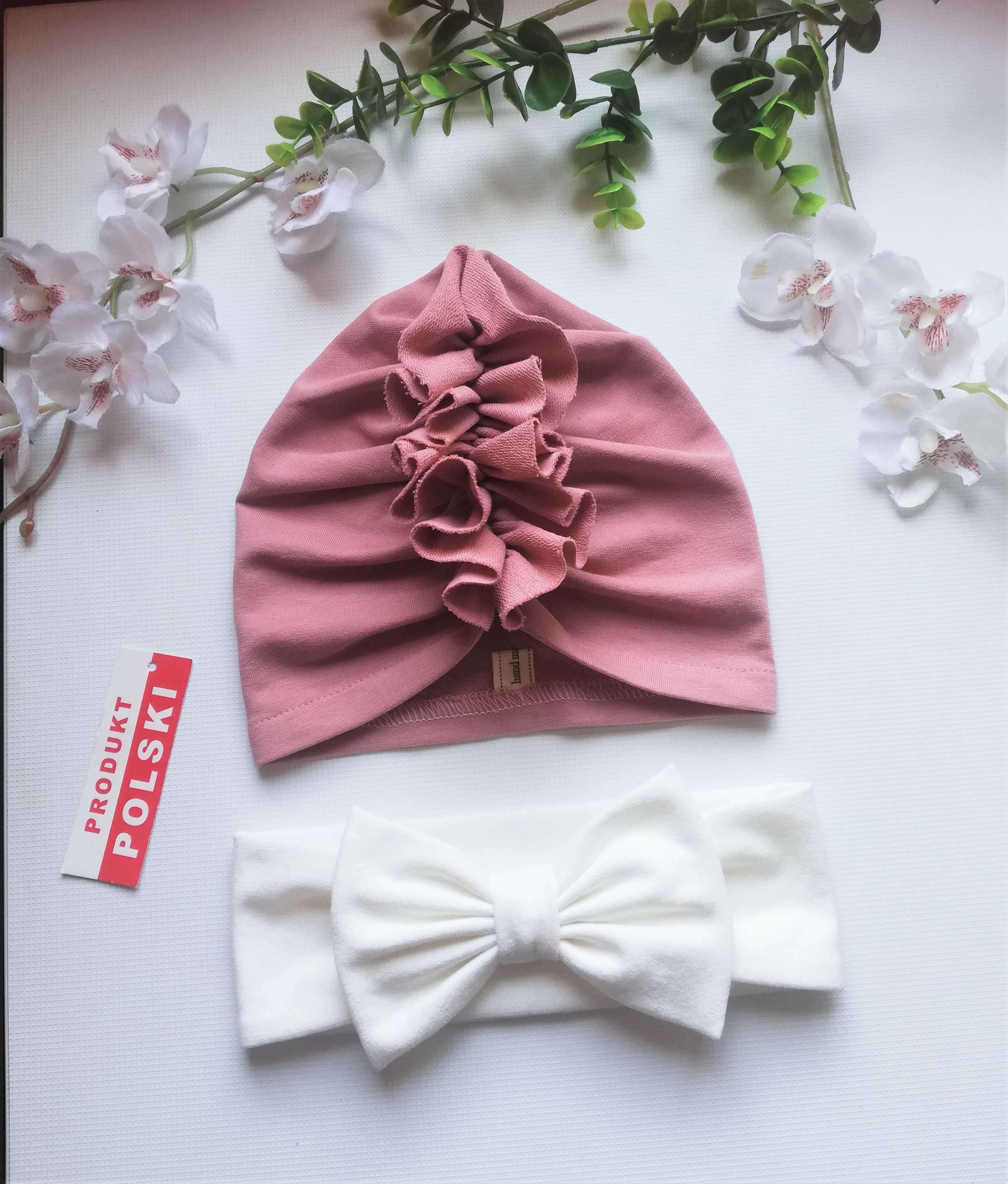 -- Czapeczka turban + opaska z kokardką -- zestaw niemowlęcy