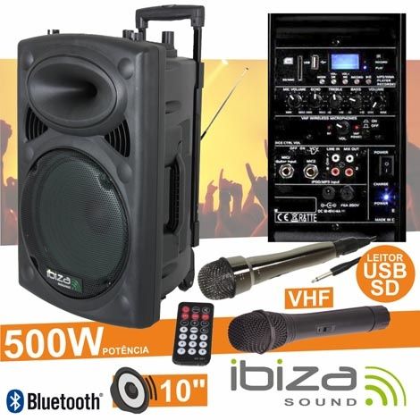 Coluna Amplificada 10″ 500W USB/BT/SD/BAT VHF PRETA IBIZA
