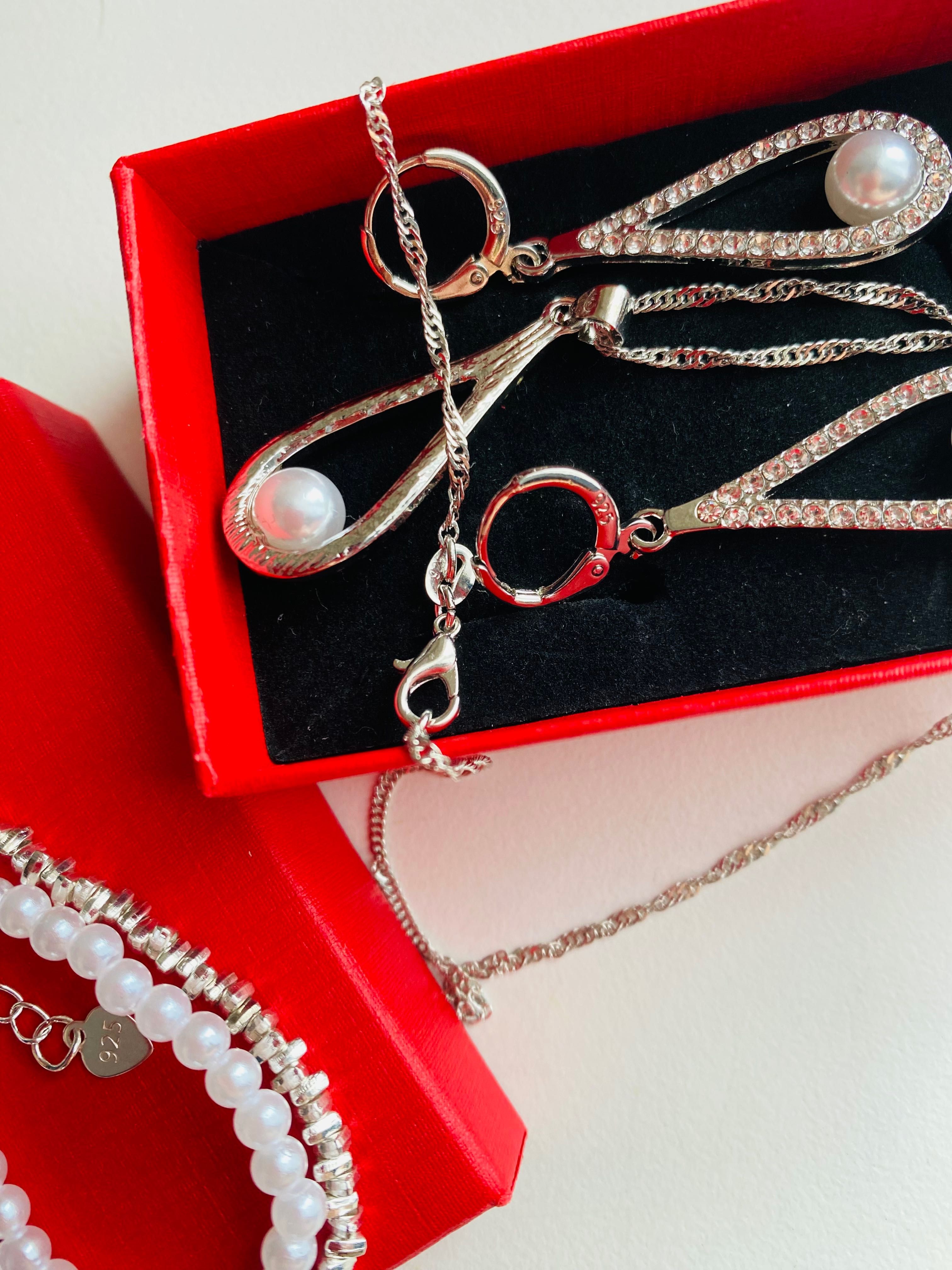 Zestaw srebny komplet komplekt garnitur z perłami ślubny z PREZENTEM