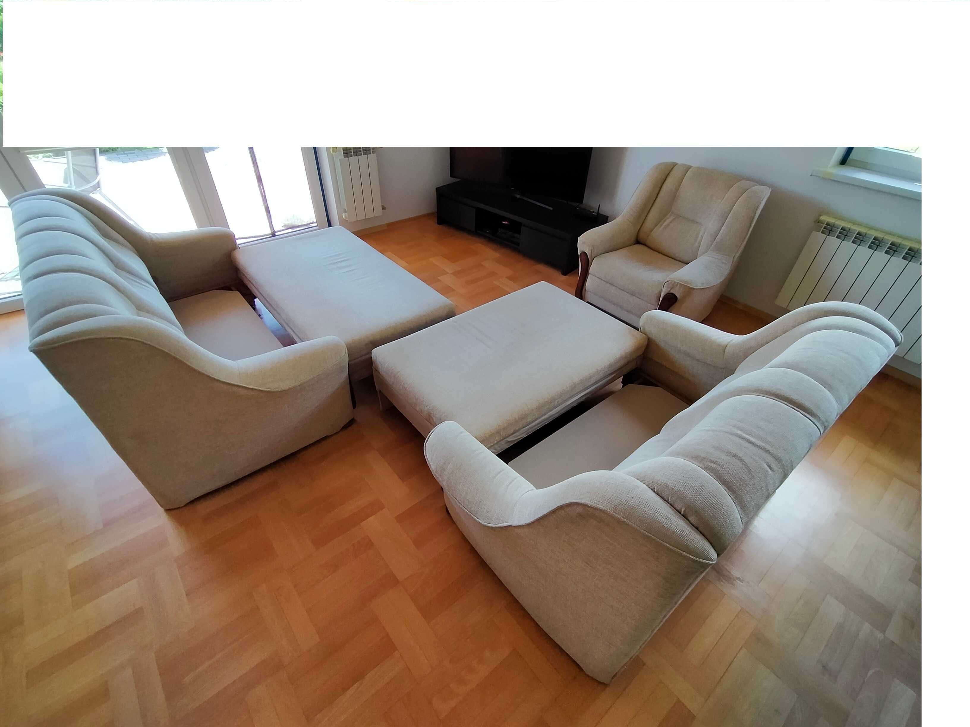 Komplet wypoczynkowy 3+2+1 z funkcją spania i pojemnikiem na pościel.