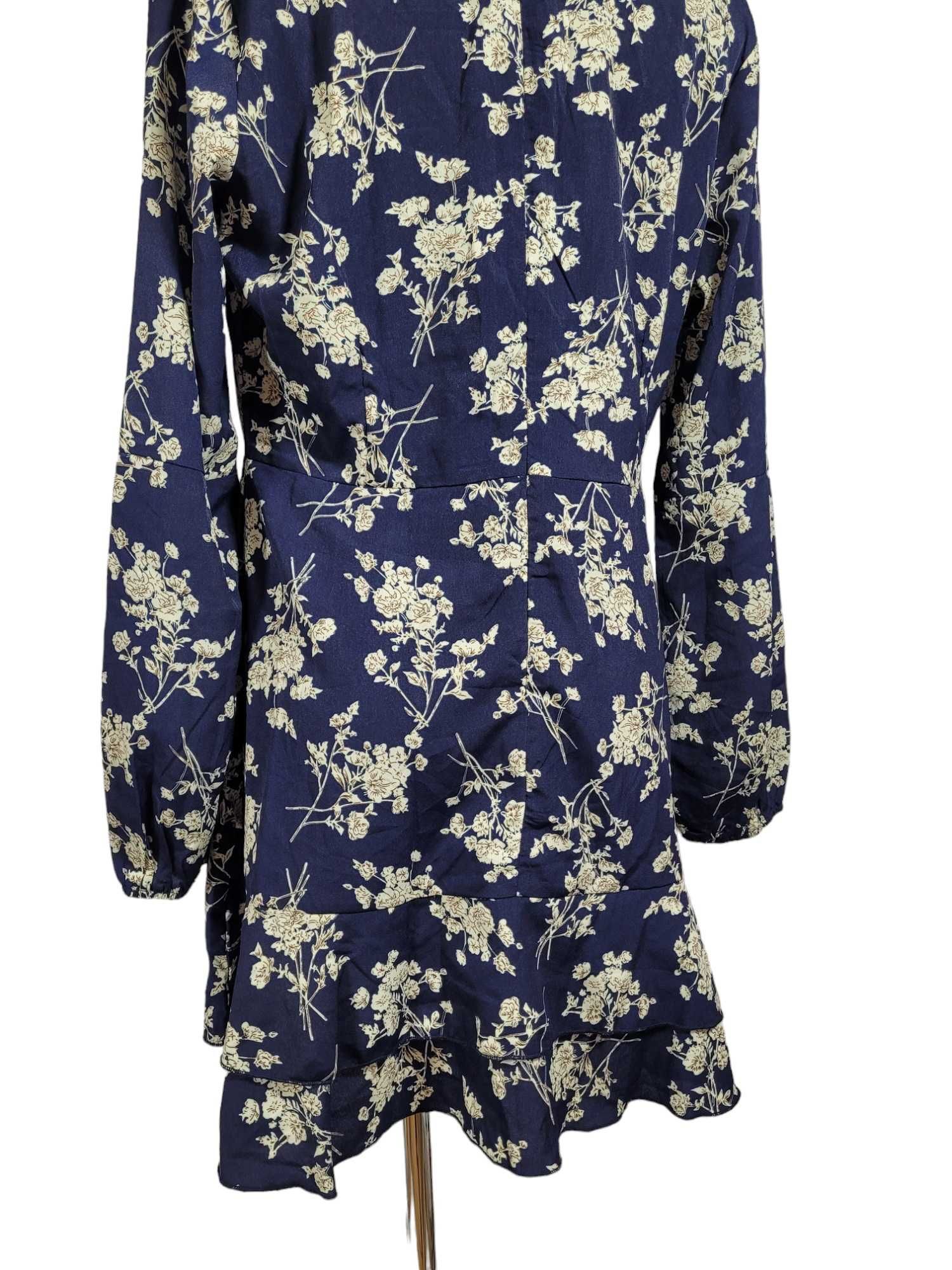 Nowa granatowa sukienka wzór w kwiaty 42,XL falbana na lato