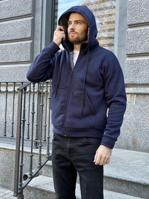 Чоловіча зимова кофта на хутрі з капюшоном 42-56 S M L Xl 2XL чорна