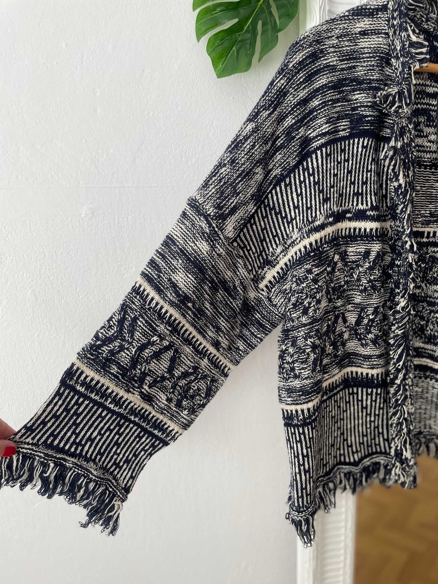 M&S sweter kardigan granatowy kremowy frędzle boho oversize L 40