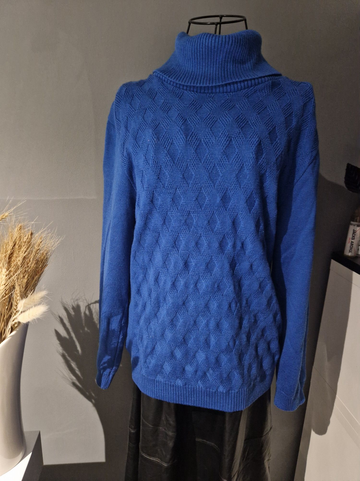 Chabrowy niebieski sweter golf z wełną Virgin wool Vintage