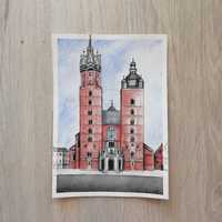 Kraków rynek kościół mariacki obraz akwarela krajobraz pocztówka