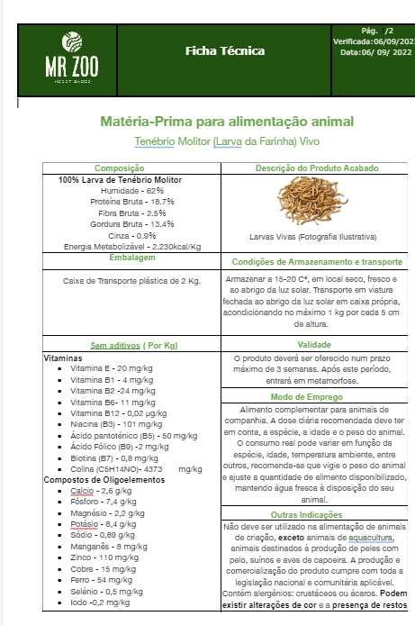 Tenebrio, a larva da farinha: alimento vivo 1 KG - min 15 KG