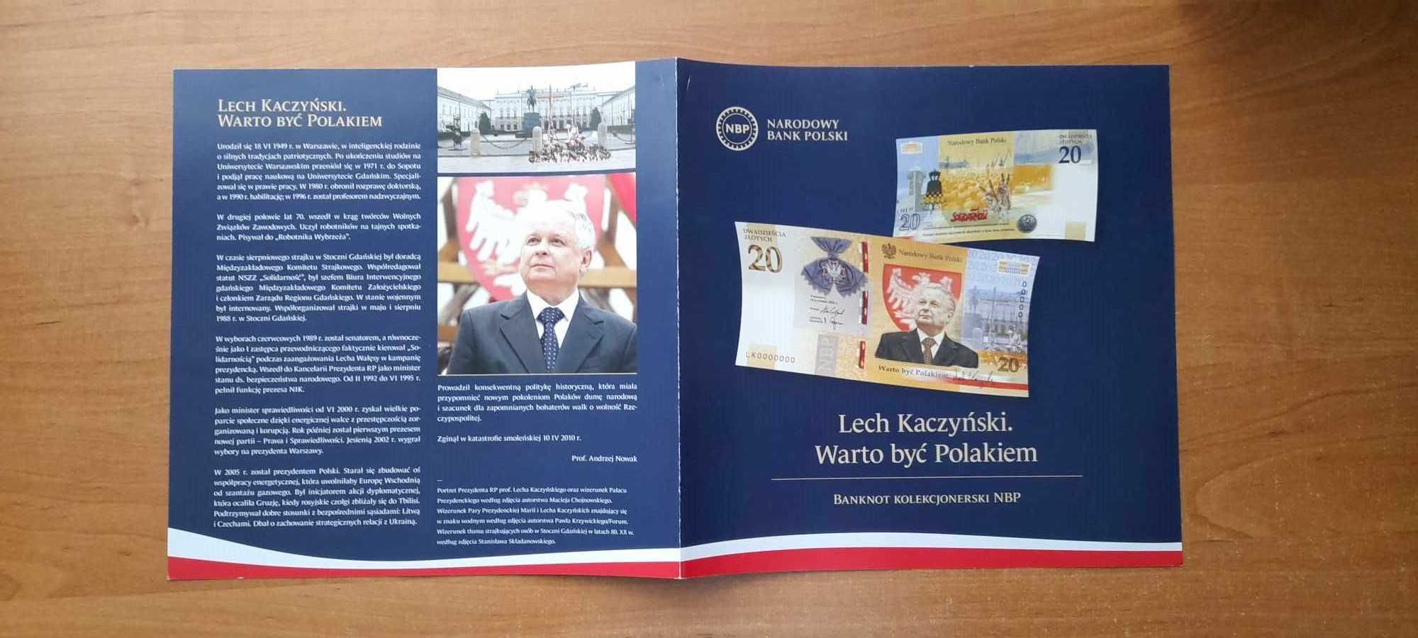 Banknot 20 zł Lech Kaczyński UNC + folder