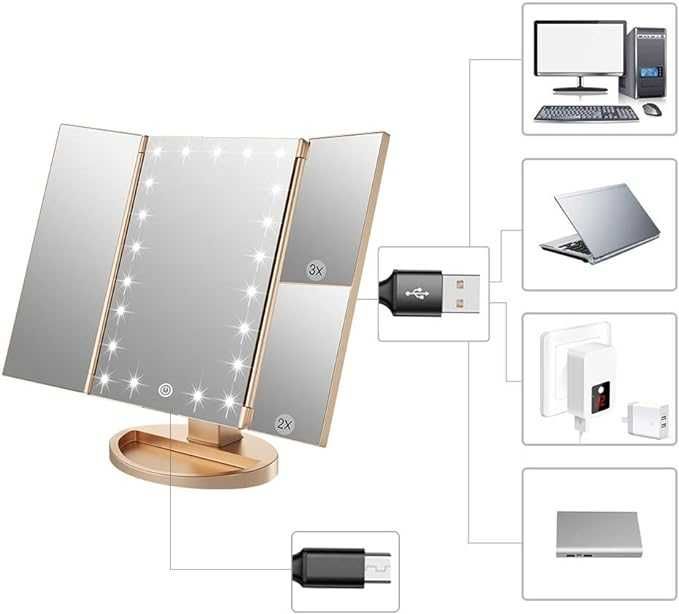 WEILY Lusterko do makijażu z powiększeniem 1x, 2x i 3x, z diodami LED