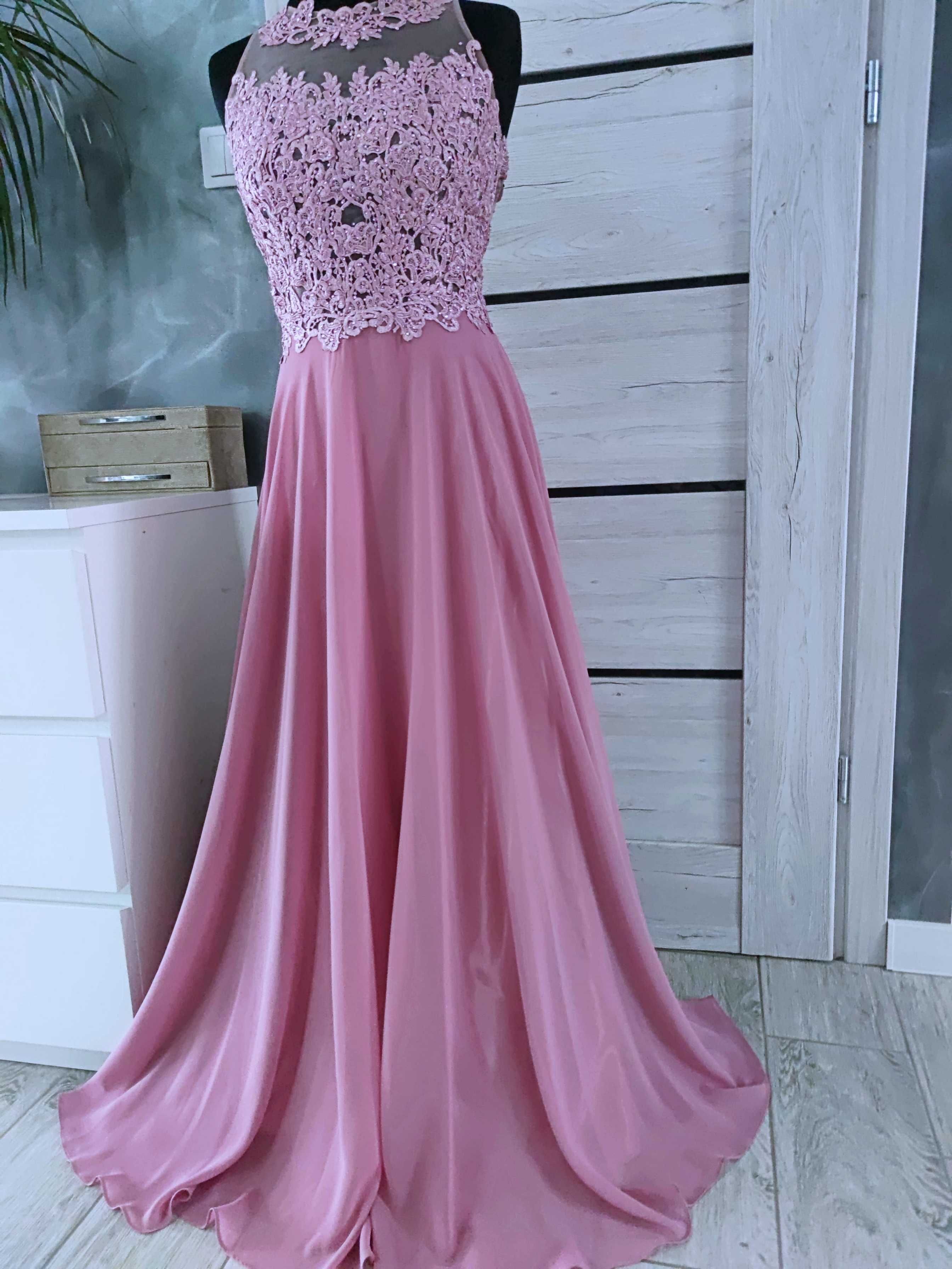 rozmiar xl różowa balowa suknia długa wieczorowa z koronką 42 44