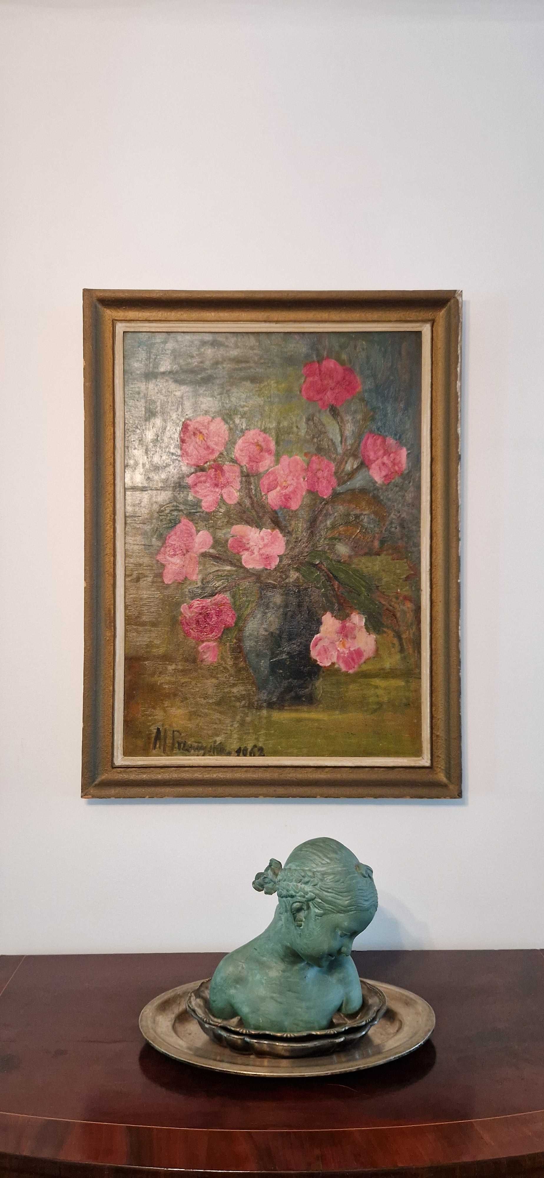 Obraz aukcyjny M Przemyska 1962 Peonie w wazonie martwa natura antyk