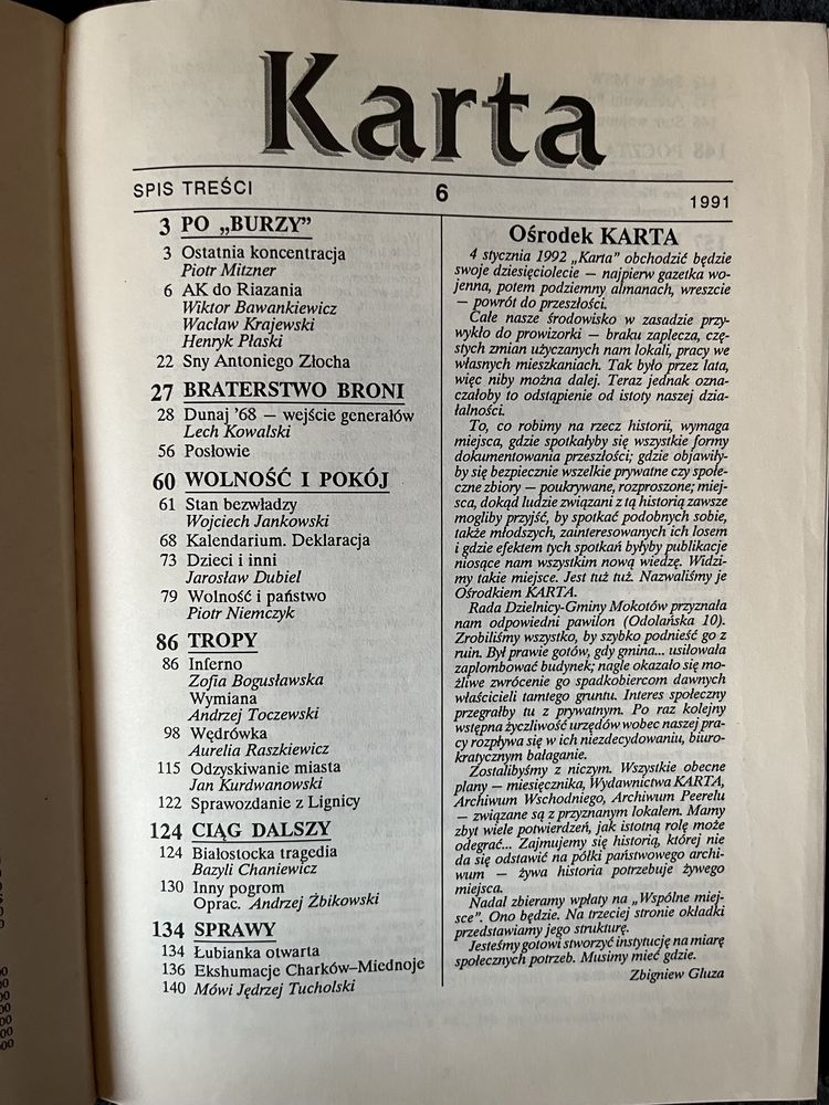 Karta. Niezależny miesięcznik historyczny nr. 1 i 6, 1991r.