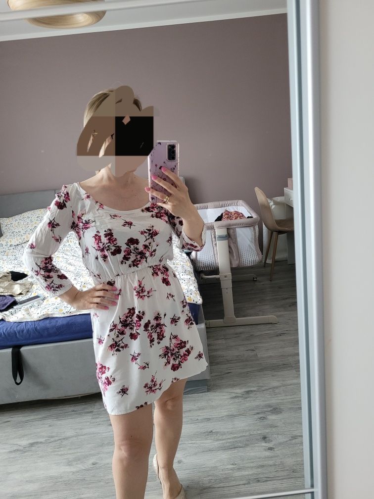 Biała sukienka kwiaty H&M divided XS 34 petite