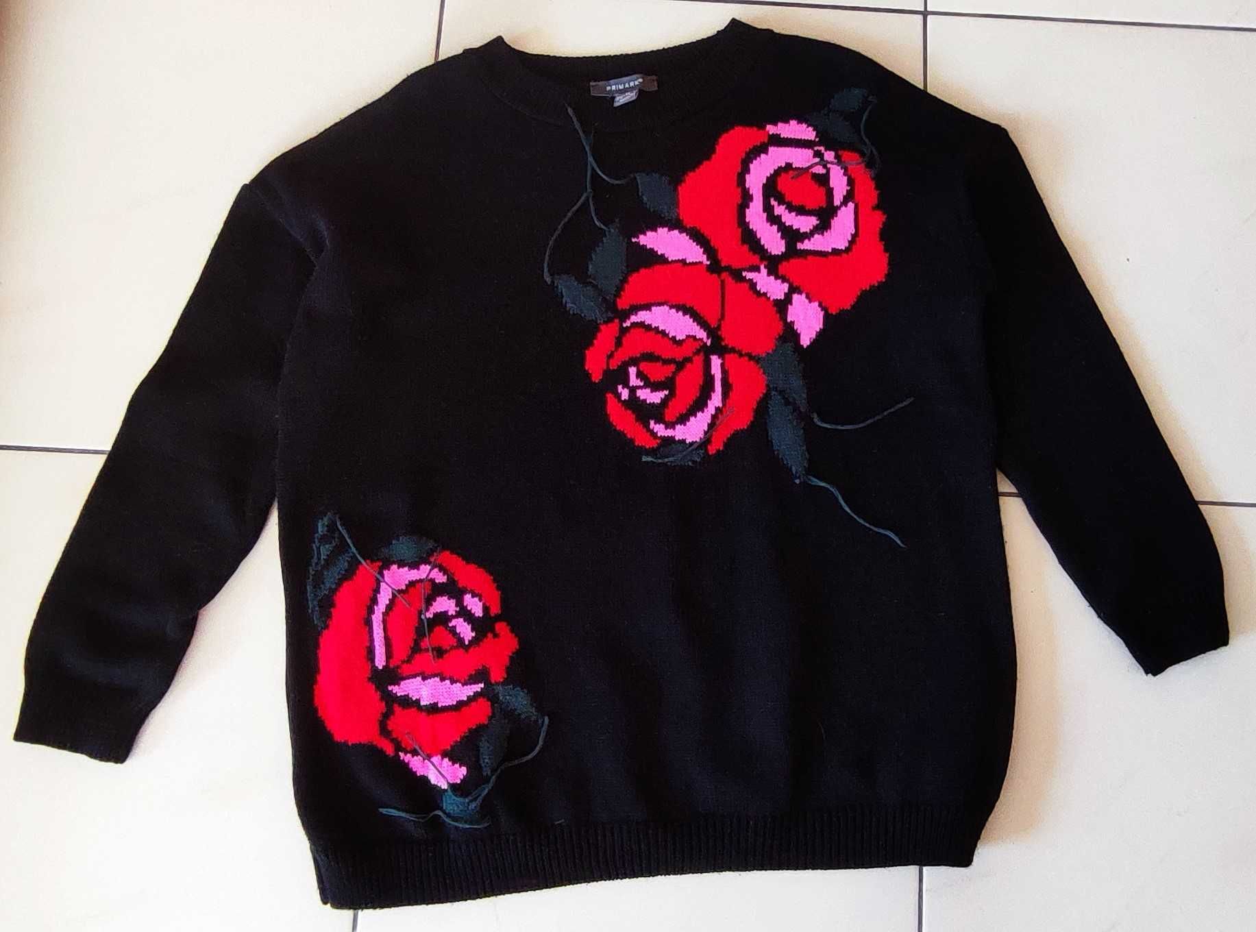 Primark Czarny sweterek, róze wzór M