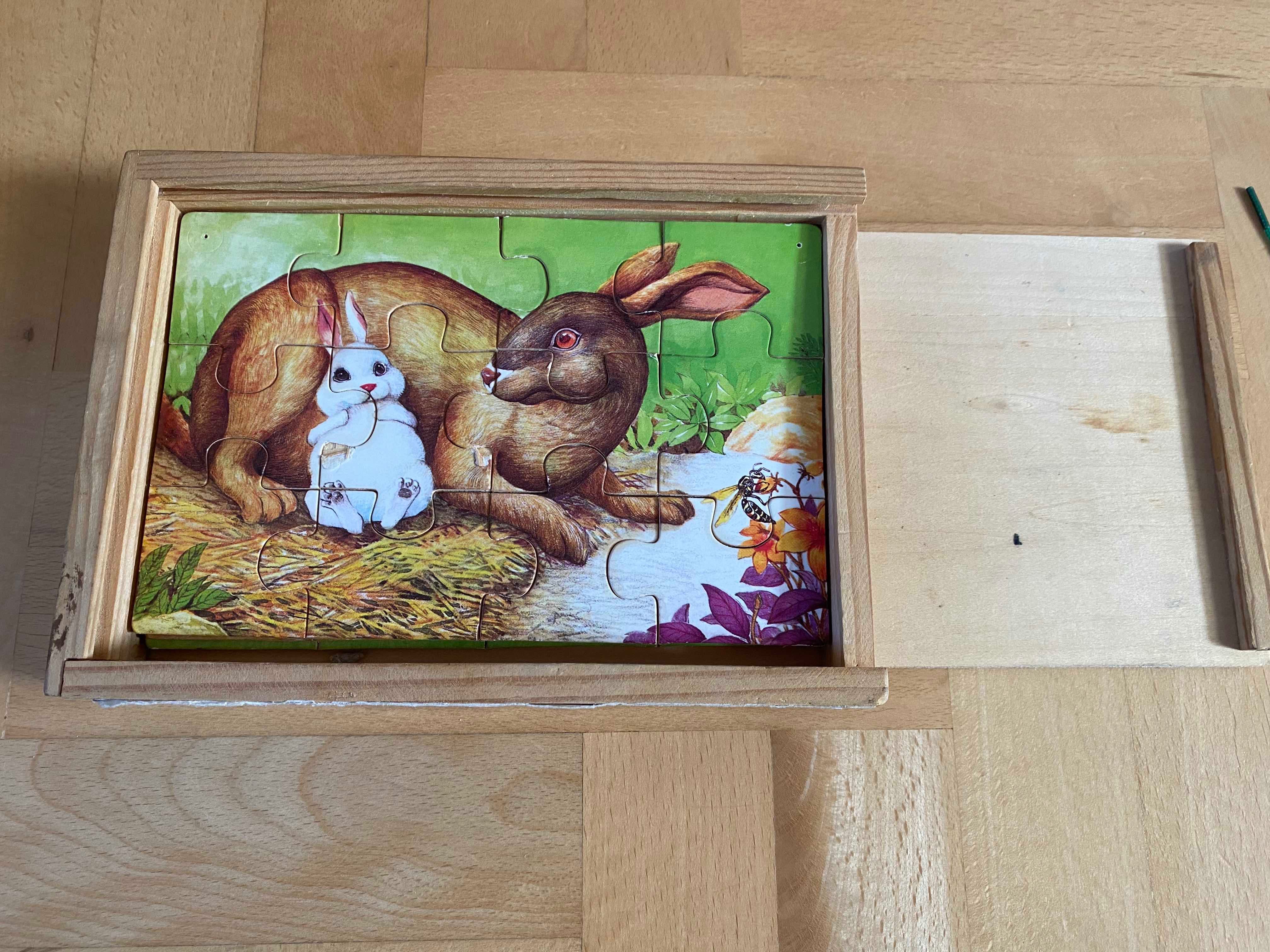 Puzzle w drewnianej skrzynce 4 obrazki 12 elementów każdy, dla dzieci