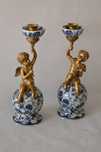 2 świeczniki anioły - niebieska porcelana + brąz