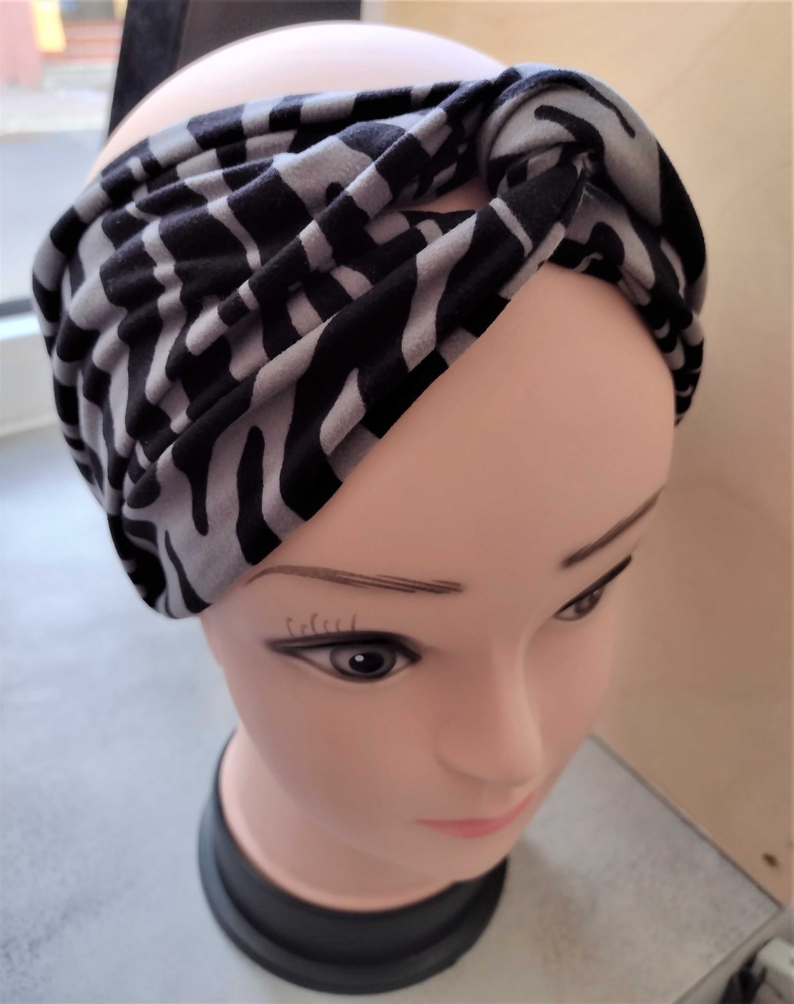 Opaska turban z supłem wiosenna czarna szara zebra kobieca rozm 54 56