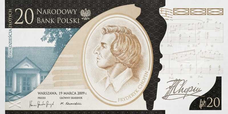 Banknot kolekcjonerski 20 zł. Chopin, UNC, oryginalna zgrzewka NBP