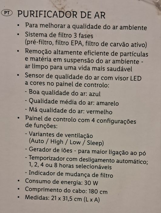 Purificador de Ar de 3 filtros Epa Carvão etc