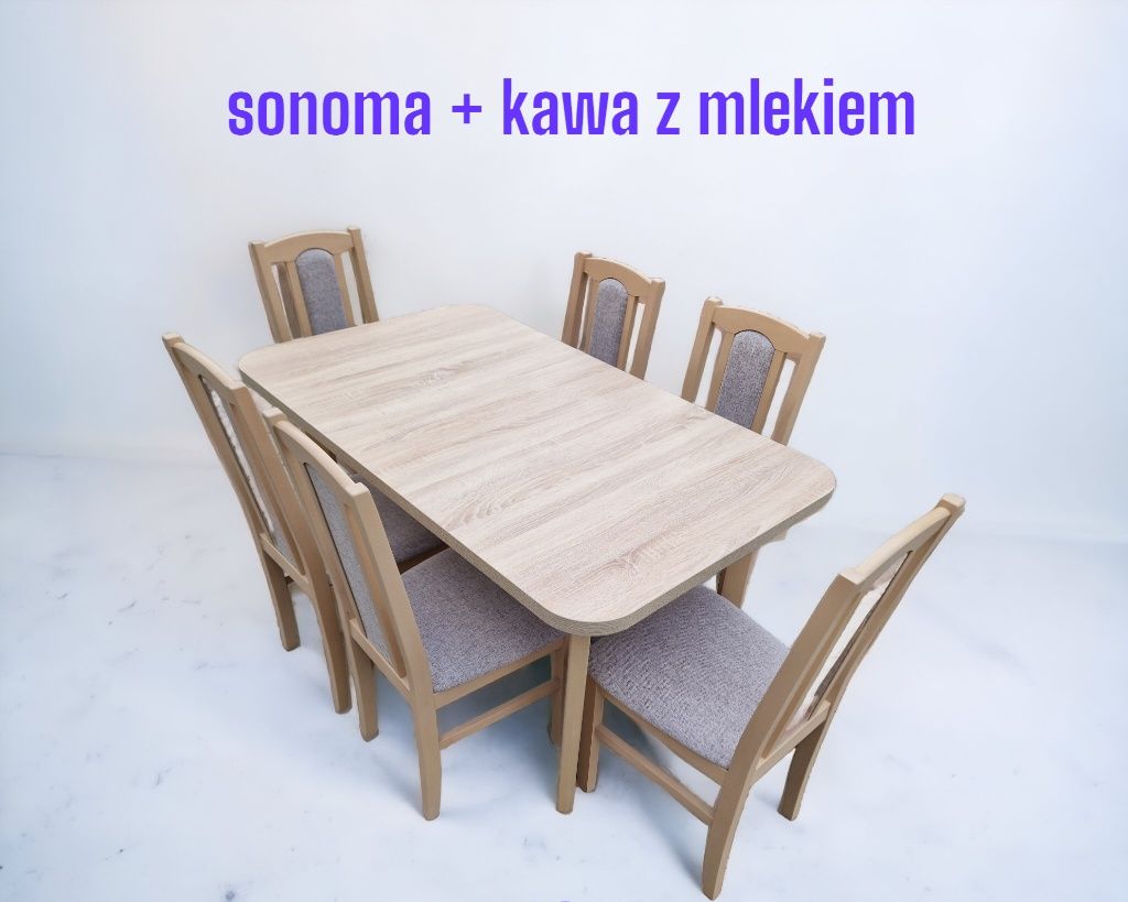 Nowe: Stół 80x140/180 + 6 krzeseł, sonoma + kawa z mlekiem ,transPL