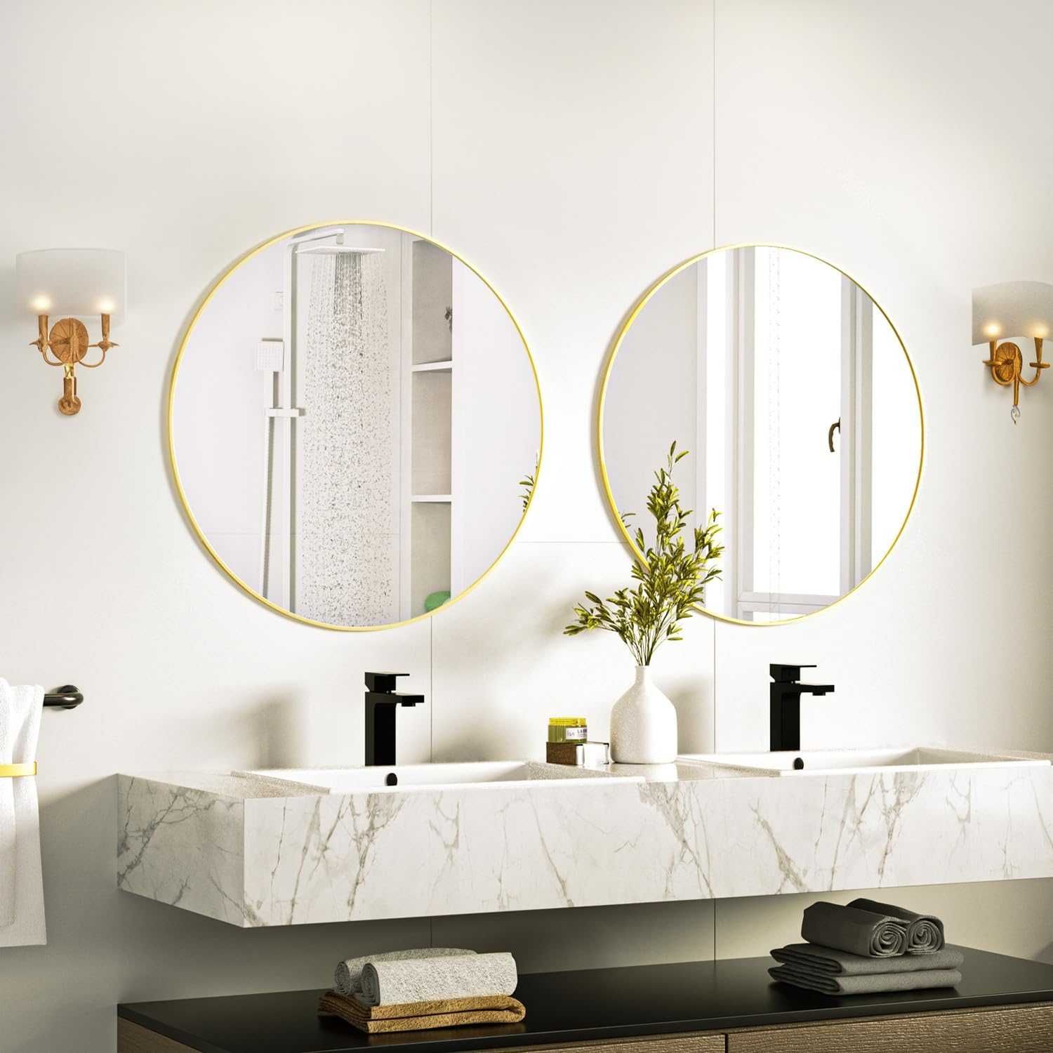 Okrągłe Lustro Ścienne 50 Cm Ze Złotą Ramą Do Łazienki Sypialni Loft